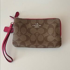 NWT Coach Signature Brown Wristlet with Pink Trim